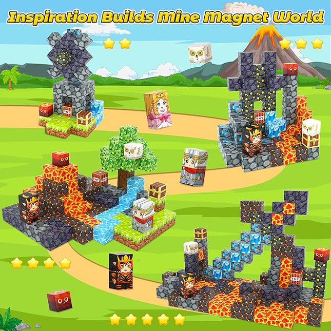 100PCS Magnetic Blocks -Build Mine Magnet World Forest & Lava Set, Magnet Building Toys for Kids Ages 5-7, STEM Sensory Toddler Toys for 3+ Year Old Boys & Girls, Creativity Birthday Gifts for Child