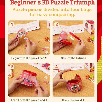 Chupa Chups X PieceRelax 3D Puzzle Jar 64 Plastic Pieces for Adults - Timeless Memories - Retro Fun S Wooden Lid Container for Kitchen Dining Study Living Room No Glue Requied Small [BC1024]