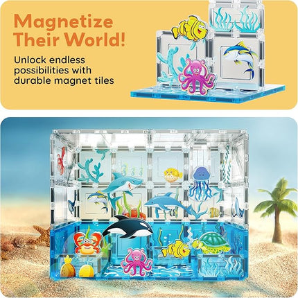 PicassoTiles Magnet Tiles Magnetic Building Blocks Aquarium Marine Animal Theme Set with 8 Character Action Figures Shark Crab Turtle STEM Toys Construction Preschool Toddlers Kids Boys Girls 3+ PTQ15