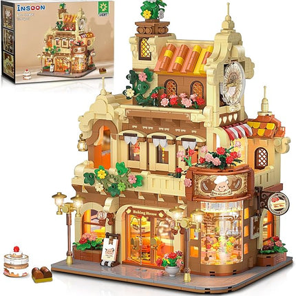 City Bakery Cafe House Building Set with Light, 1289 PCS Baking Shop Building Block Toy with Coffee Cake Bread Bakery Room, Pastry Construction Model for Adults Teens Kids Boys Girls Ages 8-12+