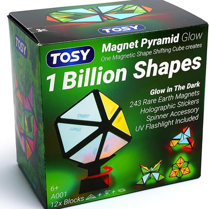 TOSY Magnet Pyramid Glow - 1 Cube Transforms into 1 Billion Shapes, 12 Pieces, 243 Rare Earth Magnets, Glowing, Holographic Design Magnet Tiles Creative Puzzle STEM/STEAM Toy