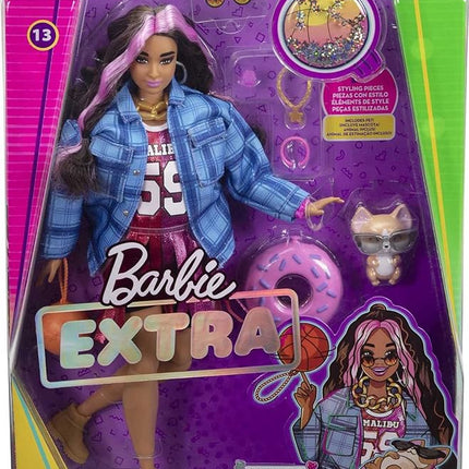 Barbie Extra Doll and Accessories with Pink-Streaked Crimped Hair in Jersey Dress with Pet Corgi