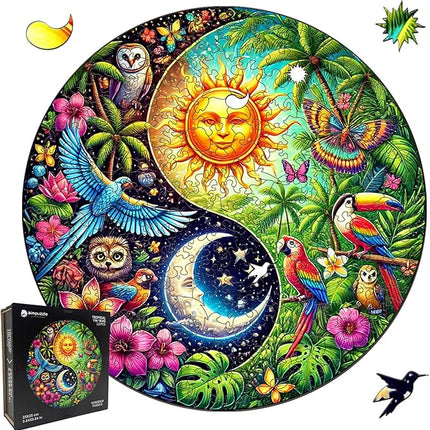 Wooden Puzzle for Adults – Tropiacl Yin-Yang Shaped Jigsaw, Unique Brain Teaser for Kid & Teen, 220 Pieces, 10"x10", Ships as Whole Puzzle Board (No Loose Pieces), Gift-Ready Box, Fun Family Game