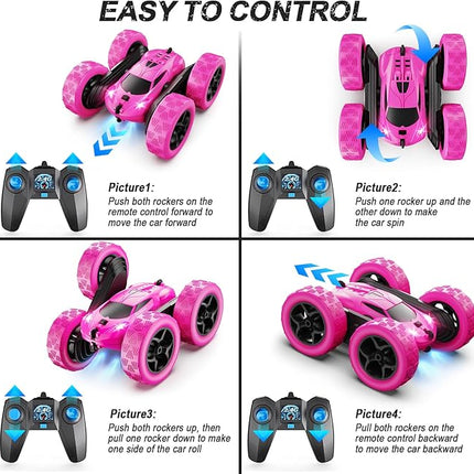 RC Cars, Rose Remote Control Car for Girls, 2.4 GHZ Double Sided RC Stunt Car 360° Rotating Remote Control Crawler with Headlights Car Toys for 6 7 8 9 10 11 12 Girls Birthday Gift