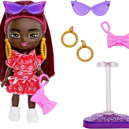 Barbie Extra Mini Minis Doll with Burgundy Hair, Red Ruffle Dress, Sunglasses & Accessories & Stand, 3.25-inch