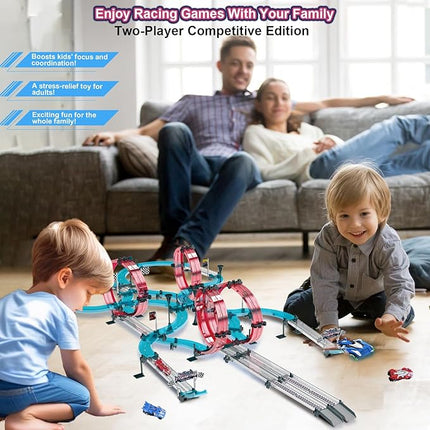 Toy Car Track Set Race Dual-Player with 4 Super Pull-Back Racing Cars, 360°Loops, Turns and Crossover High-Speed Racing Game Circular Overpass Track Gifts Birthday Toys for Boys Kids Age 6 7 8-12