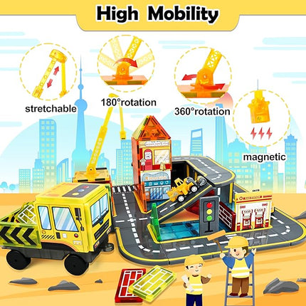 60pc Magnetic Tiles Road Set with 2 Cranes, Creative Construction Toys for Kids Ages 3-12, Boys & Girls, Dentist & Engineering Themed Building Blocks