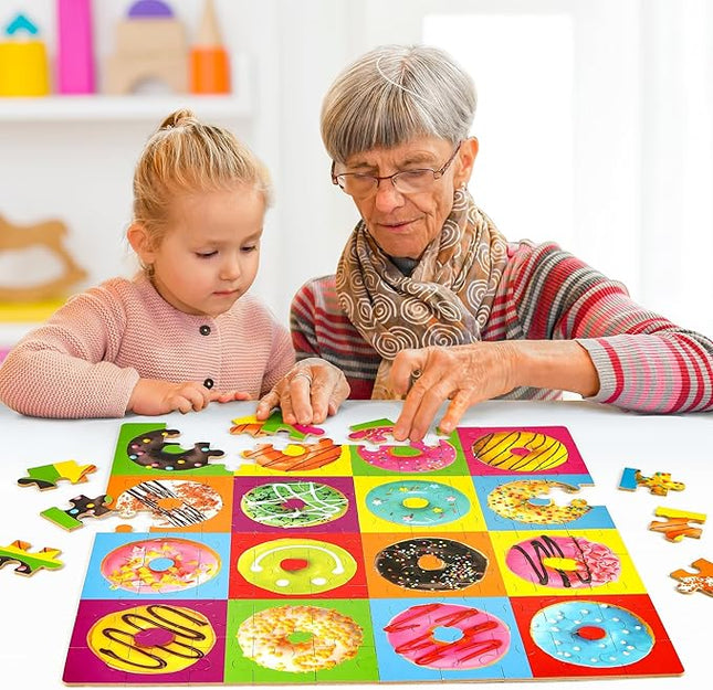 SYNARRY 100 Piece Wooden Puzzles for Kids Ages 4-8, Donuts Jigsaw Puzzle for Kids Ages 4-6 8-10 Teens, Educational Puzzles for 4 5 6 7 8 9 Years Old, Easter Basket Stuffers Valentines Day Gift for Kid