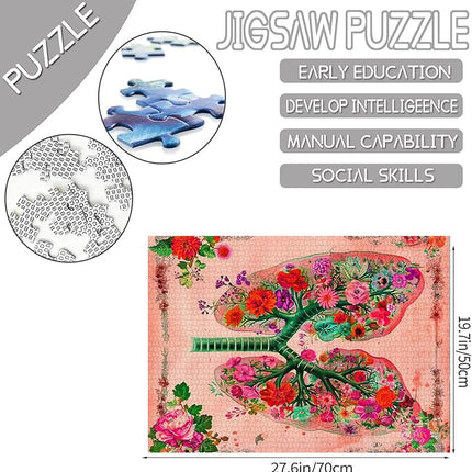 Flower Organs Jigsaw Puzzle Vintage Lungs Floral 1000 Pieces Puzzles Game Human Anatomy Jigsaw Puzzles for Adults Home Decor DIY Craft Puzzle Gift for Friends and Family 20 x 27 Inch