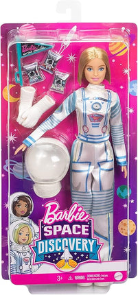 Barbie Space Discovery Astronaut Doll, Blonde, in Spacesuit with Helmet, Gloves, Flag & 3 Mini Packs of Astronaut Food (Non-Edible) for 3 to 7 Year Olds