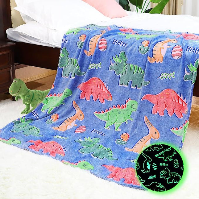 Twin Size Glow in The Dark Dinosaur Blanket - Extra Large Soft Dino Throw for Kids Teens, Boys Girls Bedroom Decor, Gift for Birthdays Christmas