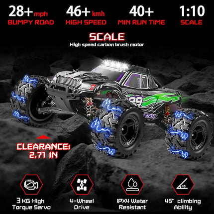 1:10 Large Brush RC Car for Adults, Fast Remote Control Car, 28+ MPH Rc Hobby Truck with Headlights, All Terrain 2.4 Ghz Electric Hobby Rc Cars, 4WD Off Road Monster Truck for Adults-Green