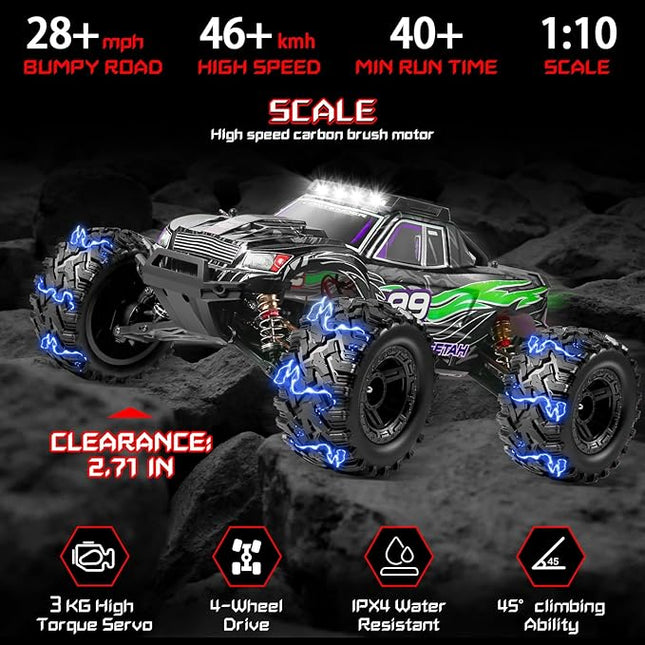 1:10 Large Brush RC Car for Adults, Fast Remote Control Car, 28+ MPH Rc Hobby Truck with Headlights, All Terrain 2.4 Ghz Electric Hobby Rc Cars, 4WD Off Road Monster Truck for Adults-Green