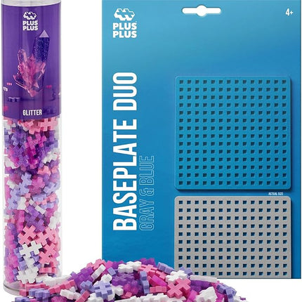 PLUS PLUS 240 Piece Interlocking Building Blocks for Kids, Open Ended Connecting Toys, STEM Bin Mini Manipulatives - Glitter Mix Play Tube & Baseplate