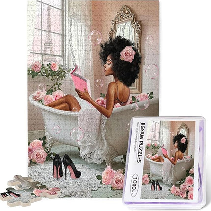 African American Jigsaw Puzzles 1000 Pieces for Adults, Bath Time Reading Scene, Black Woman Wooden Puzzle for Stress Relief, Challenging Brain Teaser & Home Decor