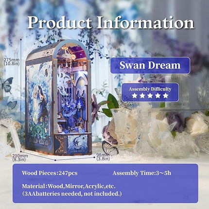 Tonecheer DIY Book Nook Kit for Adults, 3D Wooden Puzzle Music Box Bookend, Rotation Miniature House Booknook Bookshelf Insert Decor with Dust Cover and LED Light (Swan Dream)