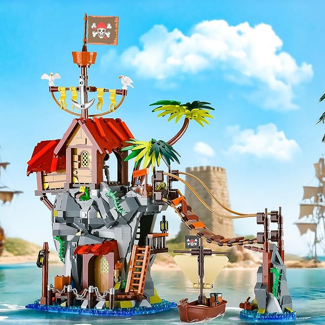 Pirate Cabin Building Sets for Adults,Pirate's House with Bridge and Ship in Island,Medieval Castle Skull Building Block Toy for Home Decor,Ideal Gift for Men Teens Kids Boys 8+(1044PCS)