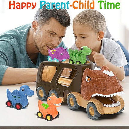 Veslier Dinosaur Car Toy for 2 3 4 5 Years Old Boys, Friction Power Carrier Truck with 4 Pack Small Pull Back Dino Car, Christmas Birthday Gift for 18+ Months Boy Girl Kids Toddlers