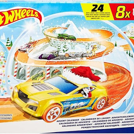 Hot Wheels Toy Cars, 2024 Advent Calendar, 8 1:64 Scale Cars, 16 Winter-Themed Accessories Behind 24 Numbered Doors & a Playmat