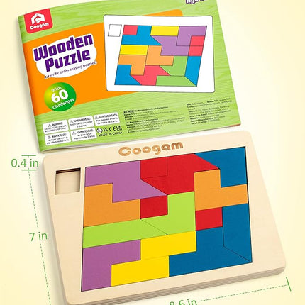 Coogam Wooden Puzzle Blocks Geometric Tangram Brain Teasers Jigsaw 3D Logic IQ Game Colorful Shape Pattern Montessori STEM Educational Toys Gift 60 Challenges for All Age