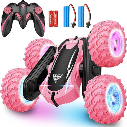 Remote Control Car, 2.4GHz RC Stunt Car, Double Sided 360° Rotating RC Cars with LED Headlight & LED Wheel, High Speed Off Road RC Crawler Xmas Gift for 3 4 5 6 7 8-12 Year Old Girls Toys (Pink)