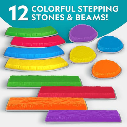 National Geographic Kids Stepping Stones & Balance Beams – 12 Piece Obstacle Course for Kids Ages 3+ with Foam Dice, Play & Learn Cards, Non-Slip Rubber Base, Toddler Indoor & Outdoor Active Play Set