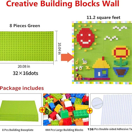 Build On Wall or Table - Customize Building Block Wall, 8 Pack (10" x 20") Self Adhesive Building Base Plate, 440 Pcs Compatible with All Major Brand Brick - Fastest Easiest DIY Fun Wall and Desk