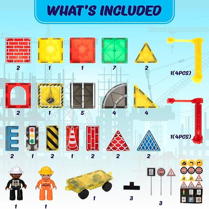 Playmags City Construction Magnetic Tiles Set, Building Blocks with Crane & Road Pieces, Educational STEM Toys for Boys & Girls Ages 3+ 52-Piece