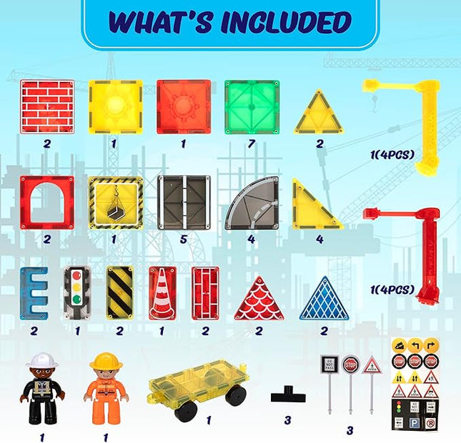 Playmags City Construction Magnetic Tiles Set, Building Blocks with Crane & Road Pieces, Educational STEM Toys for Boys & Girls Ages 3+ 52-Piece
