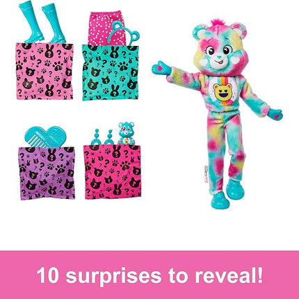 Barbie Cutie Reveal Care Bears Doll & Accessories, Series 2 Good Vibes Bear with 10 Surprises Including Color Change & Mini Bear