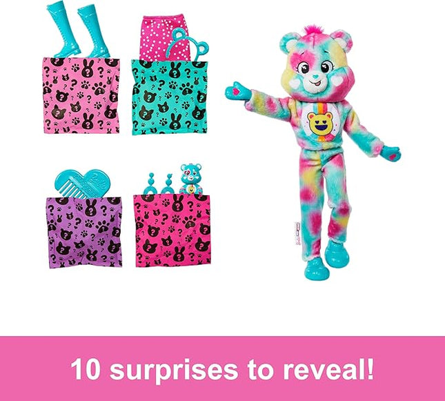 Barbie Cutie Reveal Care Bears Doll & Accessories, Series 2 Good Vibes Bear with 10 Surprises Including Color Change & Mini Bear