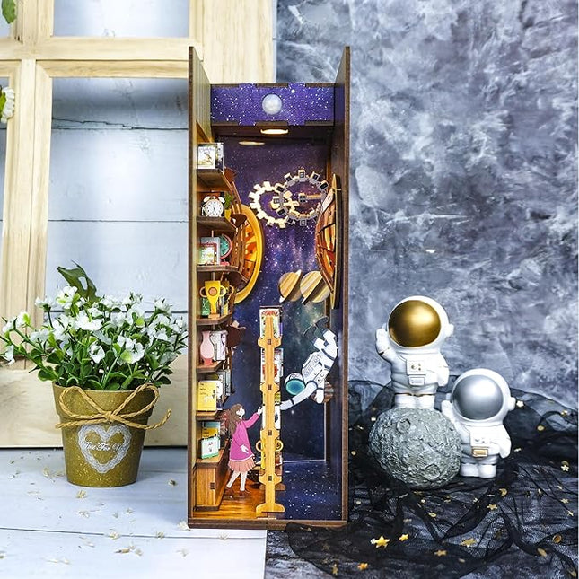 Tonecheer DIY Book Nook Kit for Adults,3D Wooden Puzzle Bookend Bookshelf Insert Library Decor, Booknook Miniature House Kit with Body Motion Sensor LED Light（Interstellar）