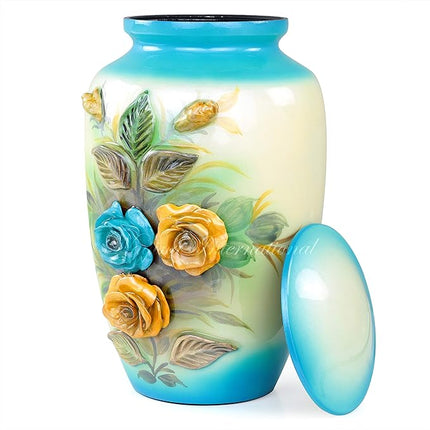 11" 3D Carved Decorative Flowers Aluminum Metal Cremation Urns for Human Ashes | Hand-Crafted Large Urn for Adult Cremation (Teal Blue)