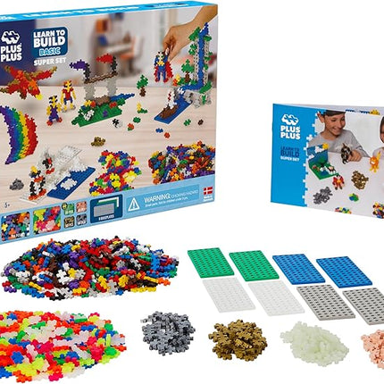 PLUS PLUS - Learn to Build Super Set - Basic Mix, 1,200 Pieces w/ 4 Baseplates - Construction Building Stem / Steam Toy, Interlocking Mini Puzzle Blocks for Kids