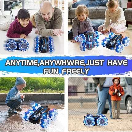 Remote Control Car, 2.4 Ghz 4WD Gesture Sensing RC Stunt Car, Double Sided 360° flip, with Cool Lights and Music, Birthday Present Toys Car for Boys SND Girls Aged 5-12 (Blue)