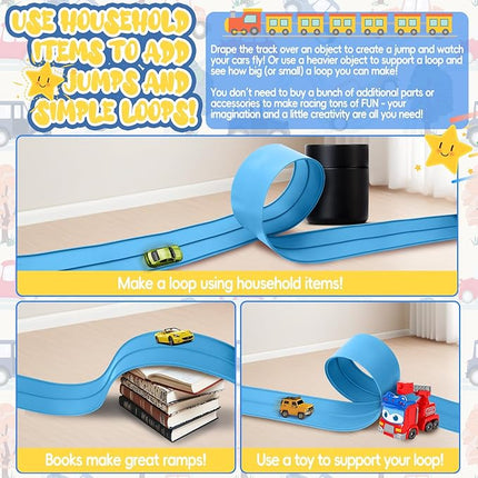 15 Ft Cobalt Blue Flexible Race Car Track,Two-Lane Flex Race Track， Sucion Cups, Compatible with Hot Wheels, Matchbox, Diecast 1/50th Toy Cars (Sky Blue)