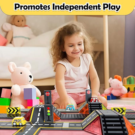 72pcs Upgraded Magnetic Tiles Road & Train Dual-Sided Expansion Pack, Magnetic Building Blocks Construction Toys for 3+Year Old Boys & Girls, Montessori Toys for Toddler, STEM Learning Gifts