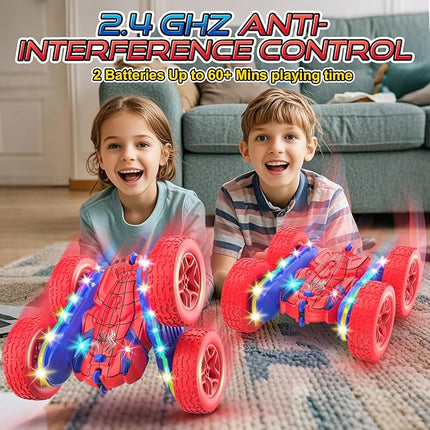 Remote Control Car Spider Rc Cars New Upgraded Strip Lights and Headlights Car Toys Double-Sided 360° Rotating Rc Truck for Boys Girls Birthday Gift (Red)