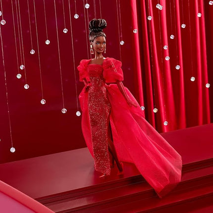 Barbie Signature Doll, Mattel 80th Anniversary Collectible in Glittery Red Tulle Gown with Drop Earrings and Sheer Gloves, Brunette