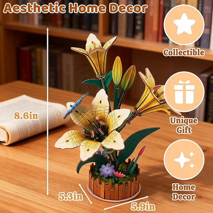 3D Wooden Flower Puzzles for Adults Lily, DIY Artificial Flower Building Set Wooden Bloom Craft Kits Home Decoration, for Women Mom Birthday Thanksgiving Christmas Valentine's Day