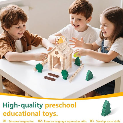Wooden Building Blocks Wooden Building Blocks Construction Set Preschool Learning Montessori Toys Construction City Stacking Toys for Kids Ages 3-8 Birthday Gift (Log Color)