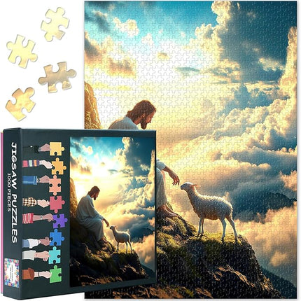 Jigsaw Puzzle for Adults 1000 Piece - Jesus and The Lost Lamb Biblical Art, Serene Religious Scene with Premium Puzzle Board, Challenging Christian Puzzles 1000 Pieces (27.5x19.7 in)