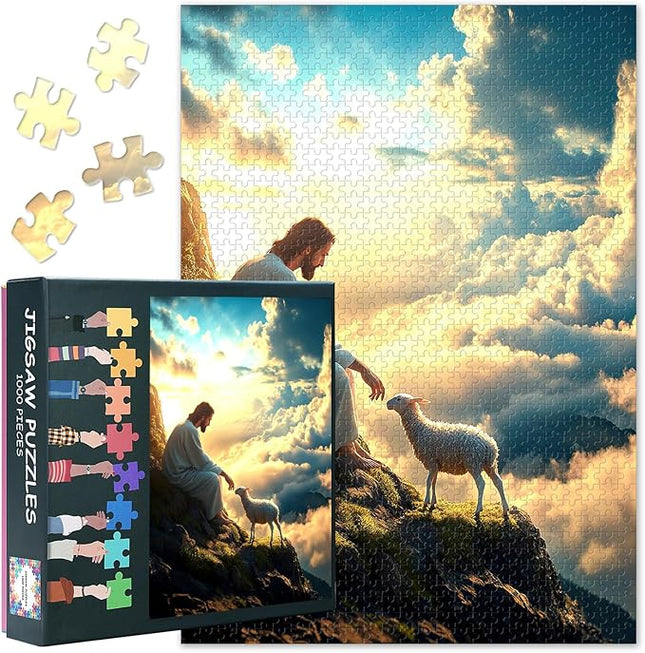 Jigsaw Puzzle for Adults 1000 Piece - Jesus and The Lost Lamb Biblical Art, Serene Religious Scene with Premium Puzzle Board, Challenging Christian Puzzles 1000 Pieces (27.5x19.7 in)