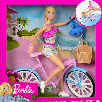Barbie Doll and Bike Playset with Doll (11.5 in, Blonde), Bicycle with Rolling Wheels & Water Bottle Accessory, Gift for 3 to 7 Year Olds