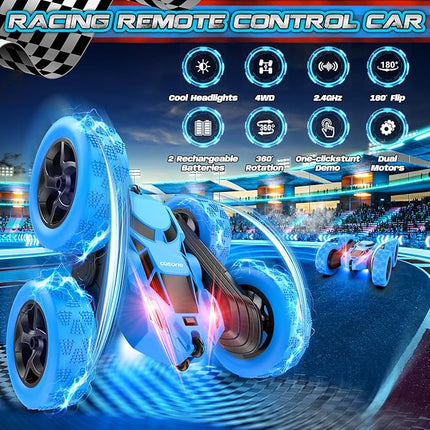 Remote Control Car, RC Cars Toys for Kids Ages 6-12, 4WD Stunt Car with LED Lights & 360° Flips, 2.4GHz, Upgraded USB-C Modular Batteries, 6-10 Year Old Boys Birthday Gift - Blue