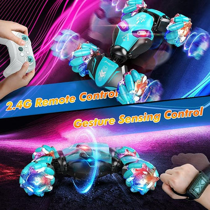 Gesture Sensing Remote Control Car, 2.4GHz 4WD RC Drift Stunt Hand-Controlled Cars for Boys Age 8-12, All-Terrain Off-Road Twist Toys with Lights Music for Christmas Birthday Gifts (Blue)