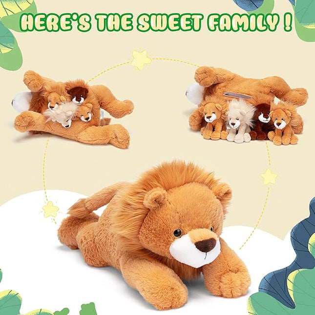 IKASA Mommy Lion Stuffed Animal Mom and Baby Plush Toy, Cute 17" Soft Small Mama Family Set Cuddly Toys with Little Mini Babies,Gifts for Kids