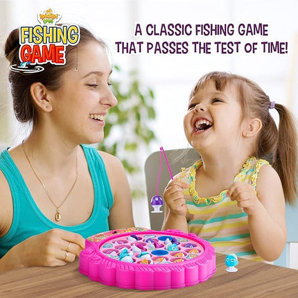 Fishing Game Play Set - 21 Fish, 4 Poles, & Rotating Board w/ On-Off Music - Family Children Backyard Pink Toy Games for Kids and Toddlers Age 3 4 5 6 7 Girls and Up
