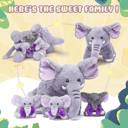 IKASA Mommy Elephant Stuffed Animal Mom and Baby Plush Toy, Cute 17" Soft Small Mama Family Set Cuddly Toy with Little Mini Babies,Gifts for Kids