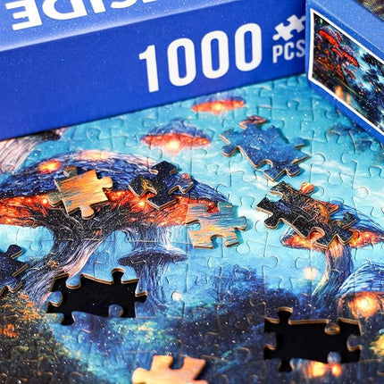 1000 Piece Fantasy Mushroom Forest Sparkling Jigsaw Puzzle for Adults – Glowing Fairy Houses, Enchanted Woods & Magical Waterfall – Dreamlike Whimsical Landscape Puzzle Gift